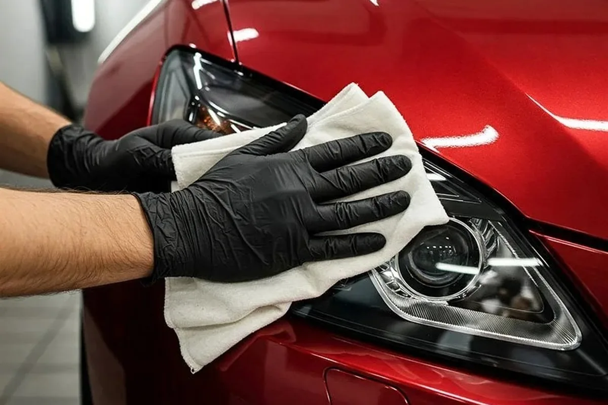 Headlight lens being polished by hand